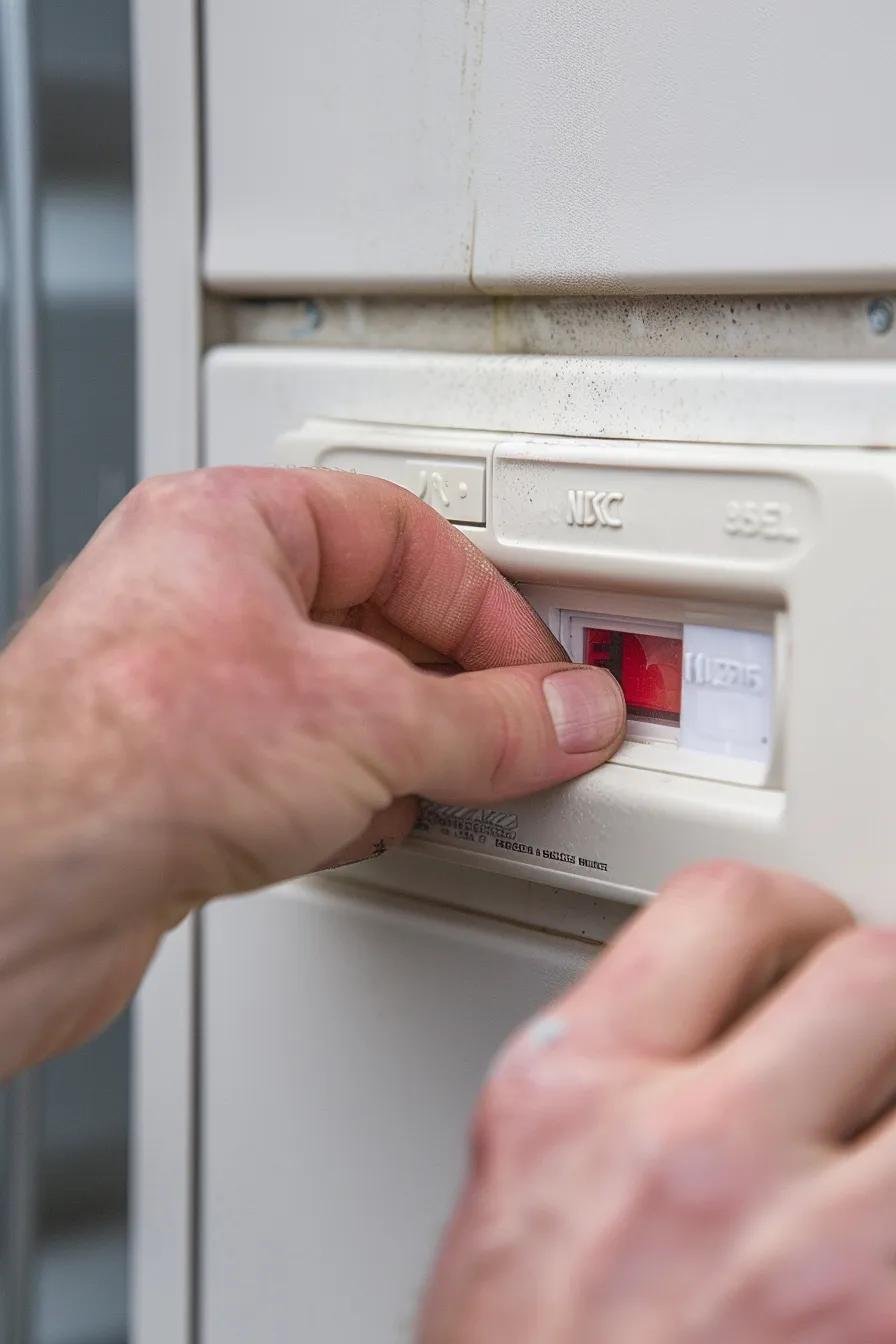 Finger pressing the test button on an RCD in a consumer unit