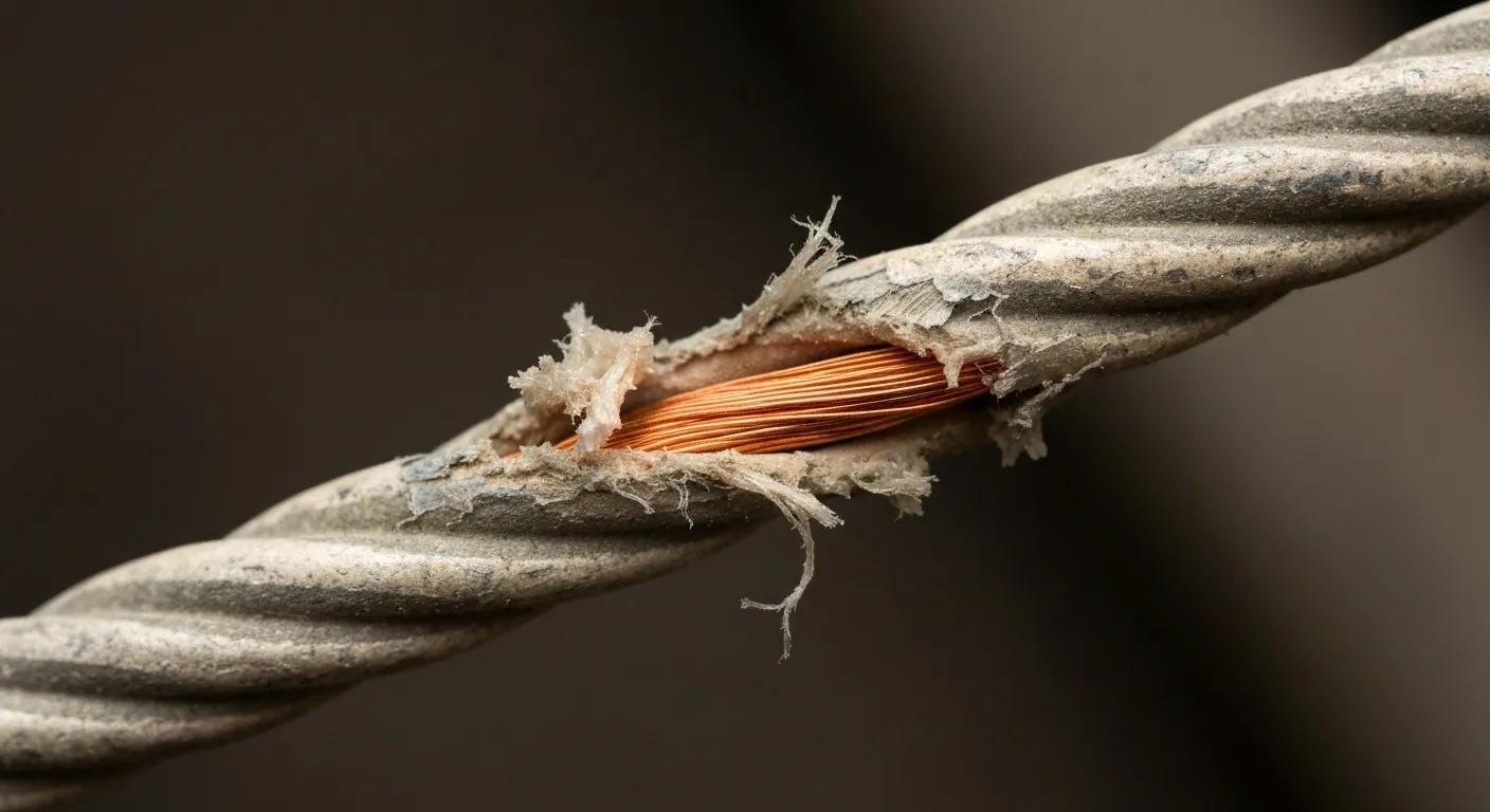 Close-up of a worn electrical cable with exposed wires