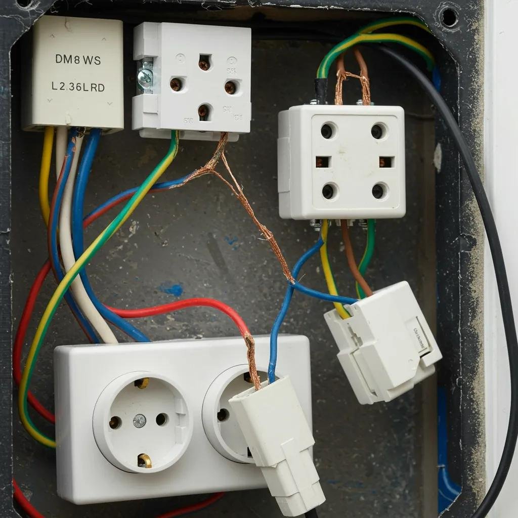 Close-up of common electrical issues causing inspection failures, including damaged wiring and overloaded sockets