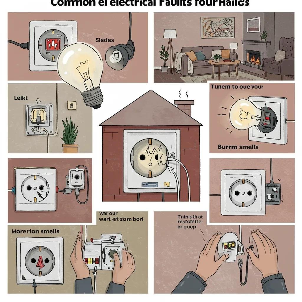Common household electrical warning signs including flickering lights and warm sockets indicating possible fuse box issues