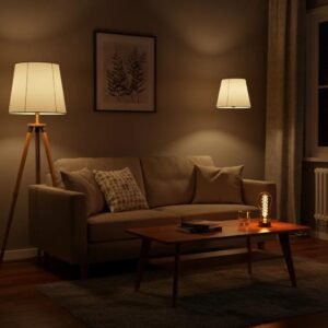 Cozy living room with flickering lights creating a warm atmosphere