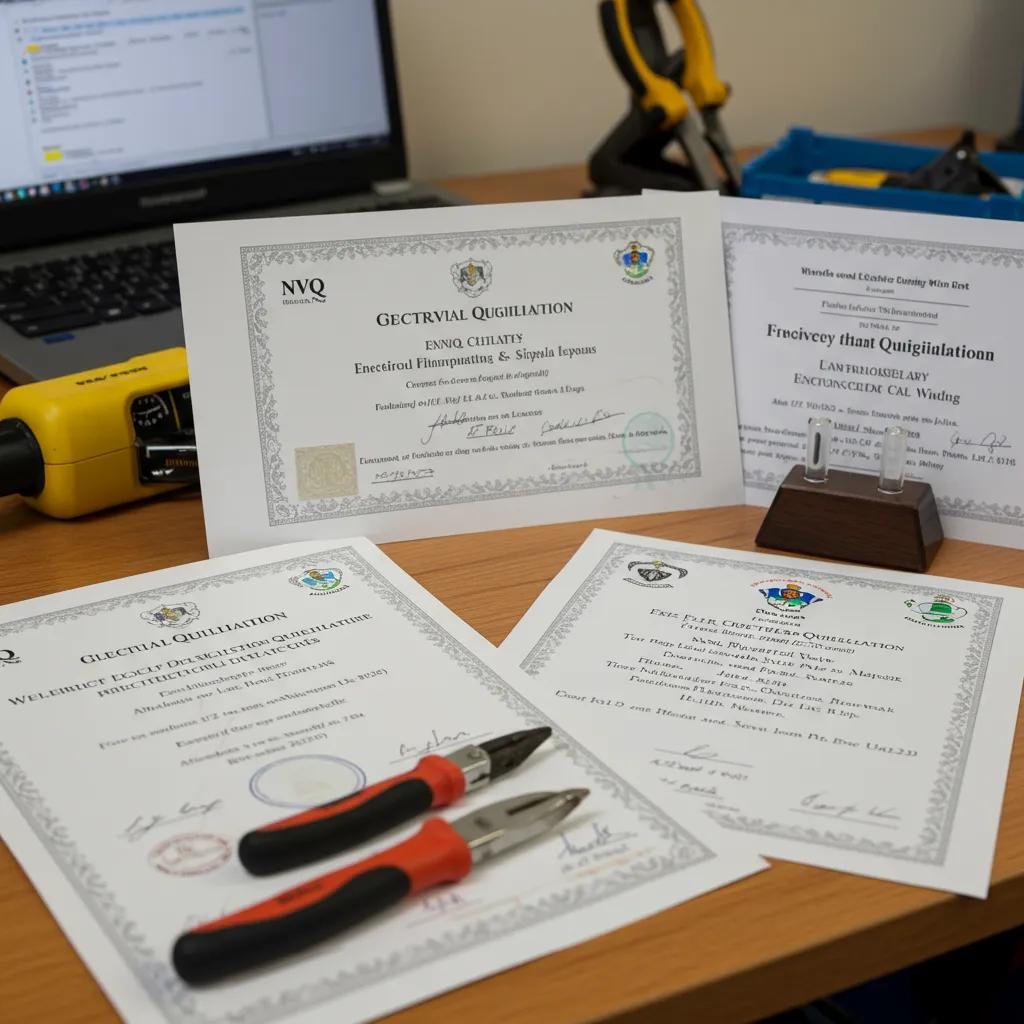 NICEIC certification documents alongside consumer unit specifications for a Scottish residential installation