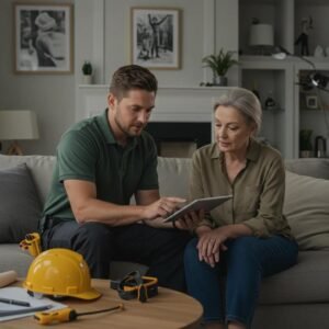 Electrician discussing a quote with a homeowner in a cozy living room, emphasizing the value of hiring qualified tradespeople