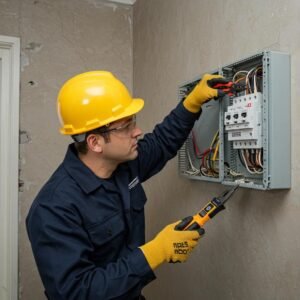 Electrician performing an Electrical Installation Condition Report inspection in a residential property