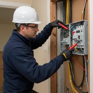 Electrician inspecting electrical wiring in a residential setting, emphasizing safety and compliance