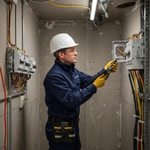 Electrician inspecting wiring for compliance with electrical safety standards in a residential setting