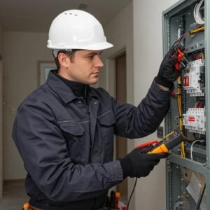 Electrician inspecting wiring in a home, highlighting safety and qualifications