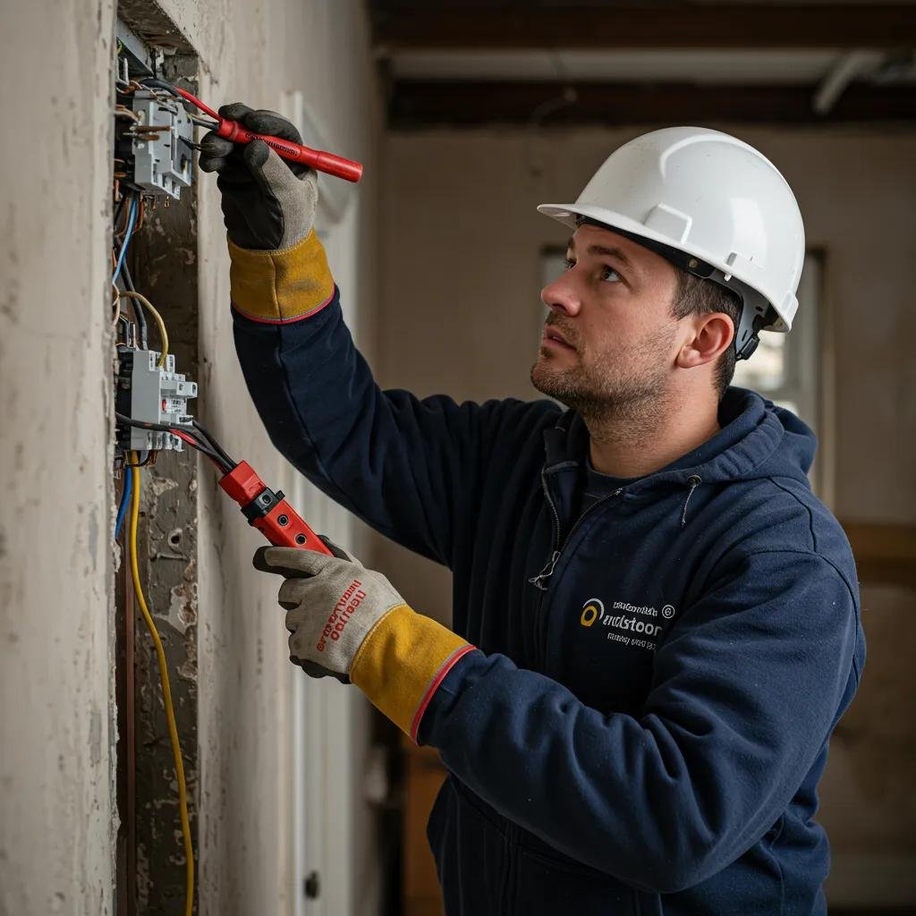 Domestic electrician in Aberdeen inspecting wiring in an older granite property