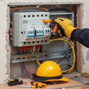 Modern consumer unit showcasing circuit breakers and RCDs during an upgrade process