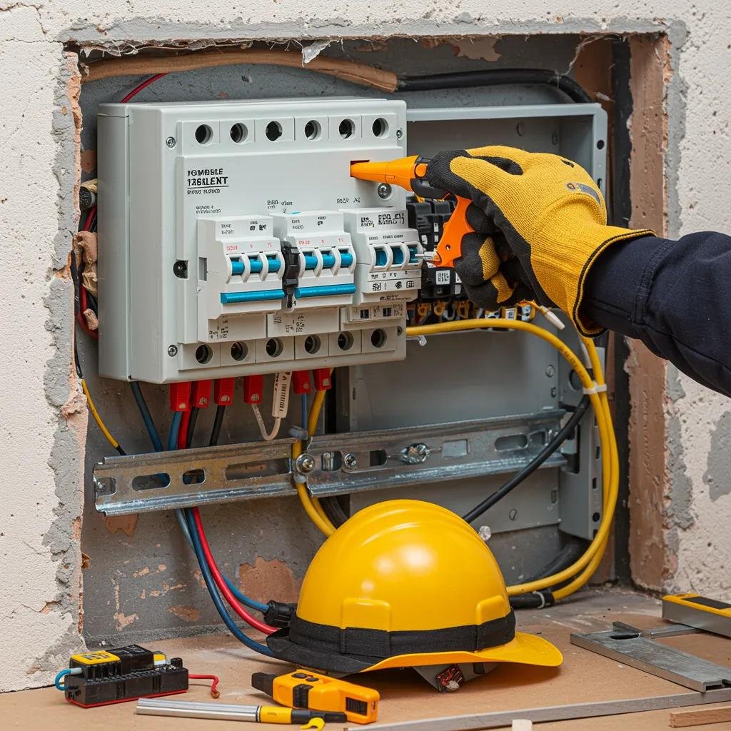 Electrician installing a modern RCBO consumer unit in an Aberdeen rental property for March 2024 compliance
