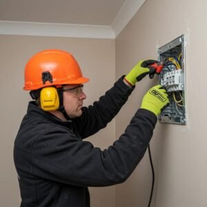 Electrician performing electrical installation in a modern home, highlighting safety and professionalism