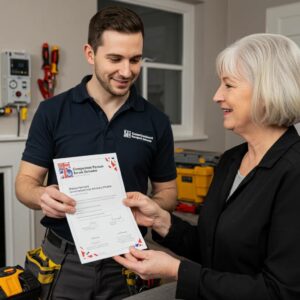 Electrician presenting Competent Person Scheme registration to a homeowner