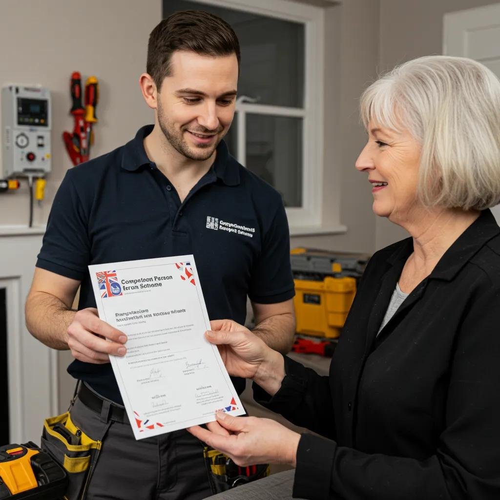 Electrician presenting Competent Person Scheme registration to a homeowner