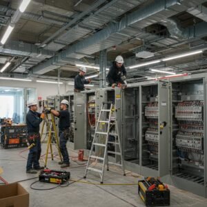Electricians installing heavy-duty electrical panels in a commercial office space