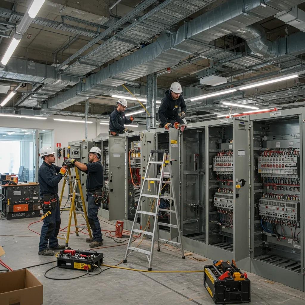 Electricians installing heavy-duty electrical panels in a commercial office space