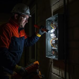 Emergency electrician inspecting a circuit box at night, representing urgent repair services