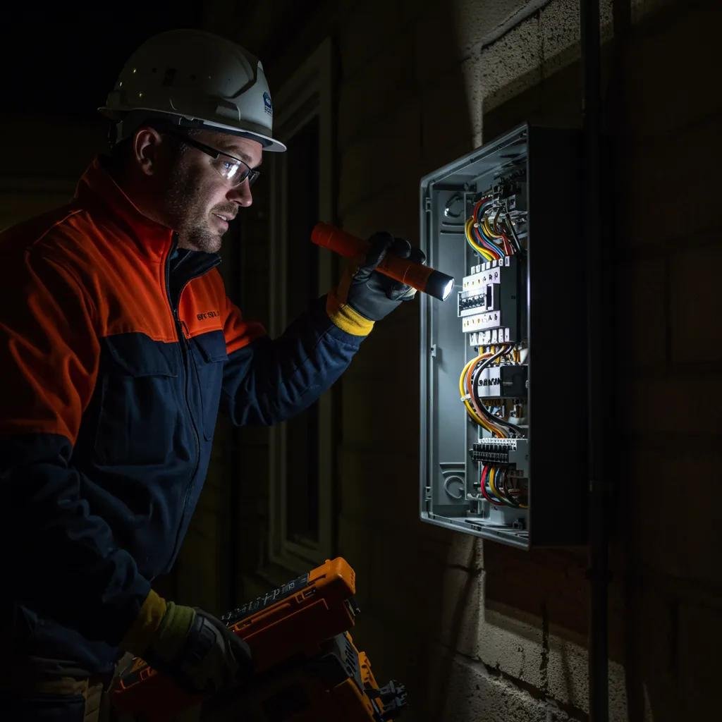 Emergency electrician inspecting a circuit box at night, representing urgent repair services