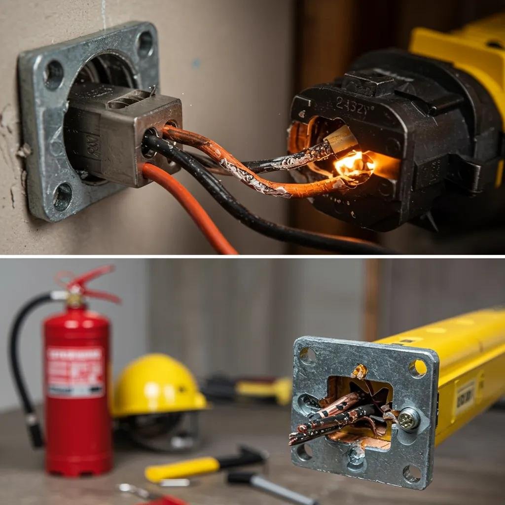 Faulty electrical connection in an older consumer unit showing signs of overheating and fire hazard