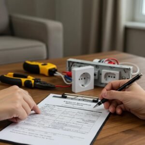 Homeowner preparing for electrical inspection, organizing documents and checking outlets