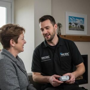NICEIC approved electrician discussing benefits with a homeowner in a home setting