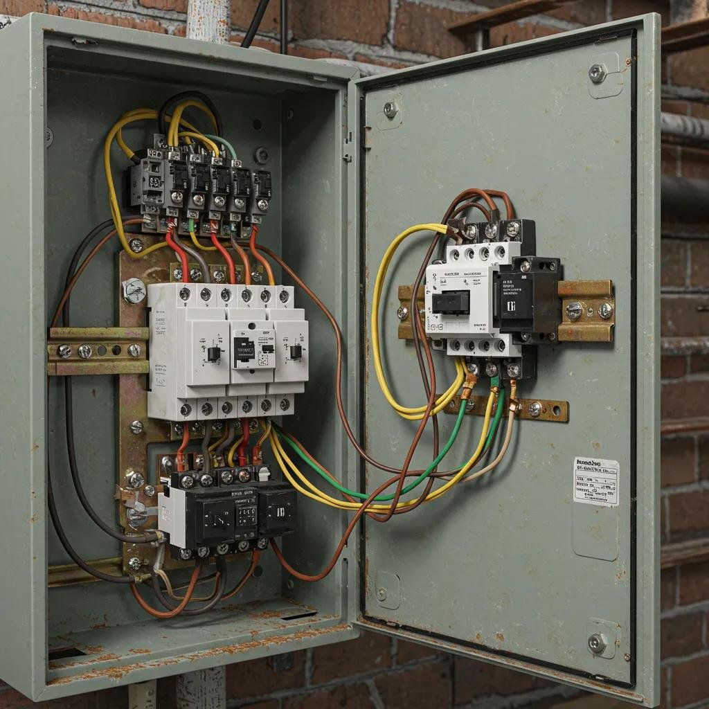 Inside view of an older consumer unit showing the kind of internal wear that a professional EICR identifies