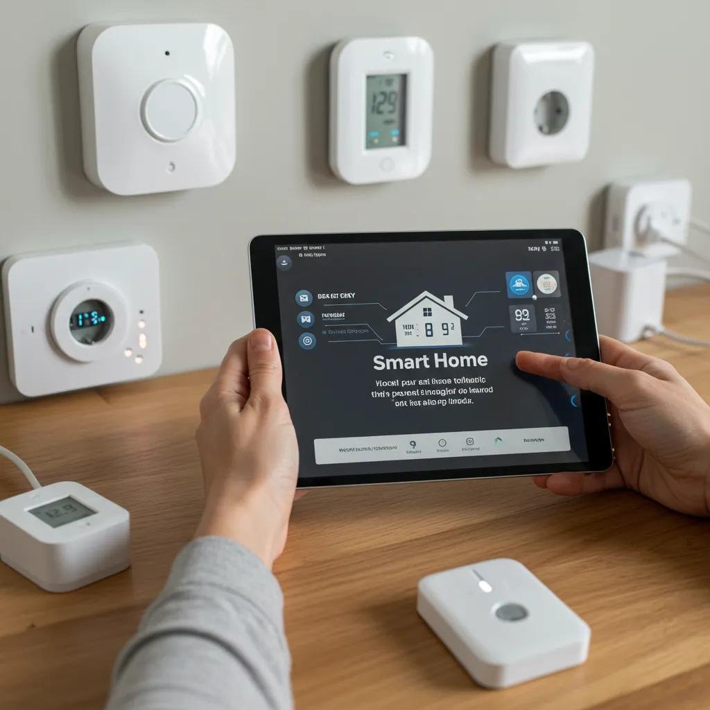 Person exploring smart home integration options on a tablet surrounded by smart devices