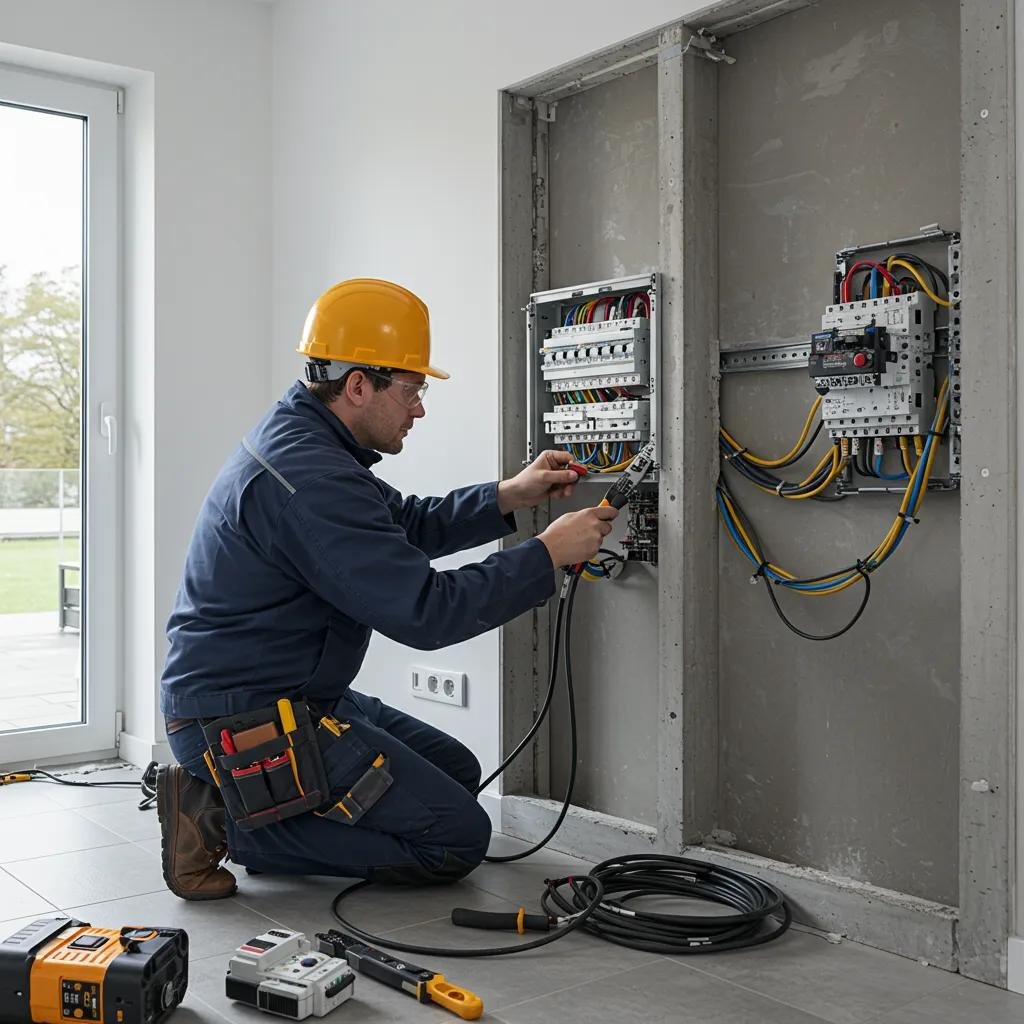 Professional electrician installing a circuit breaker panel in a modern home