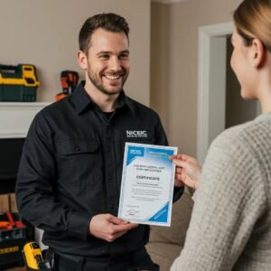 Professional electrician showing NICEIC certification, symbolizing trust and reliability