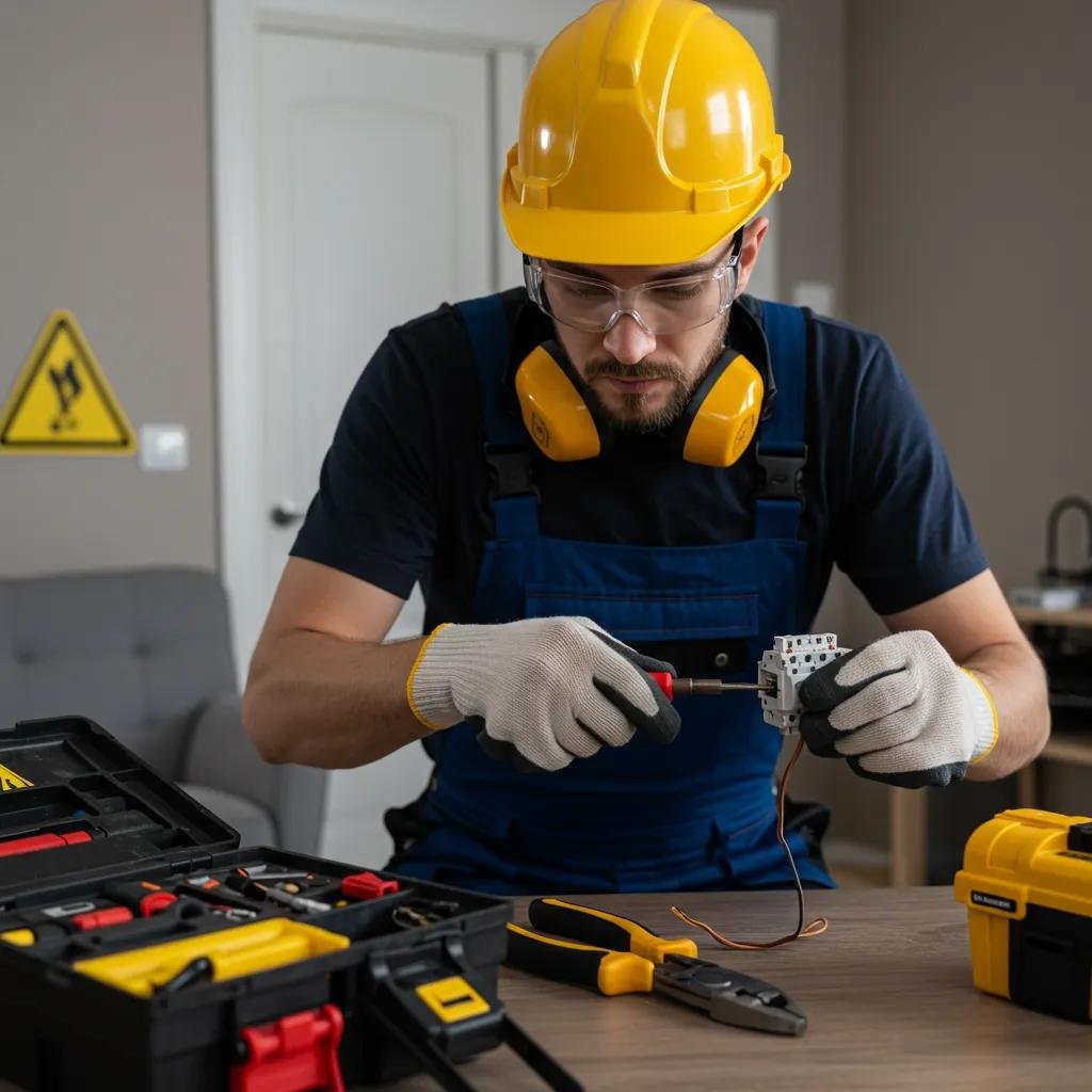 Qualified electrician inspecting wiring with safety gear in a home setting
