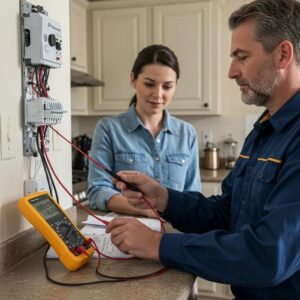 Residential electrical contractor performing a home energy audit with a homeowner