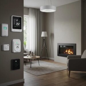 Smart home devices in a modern living room emphasizing energy efficiency and automation