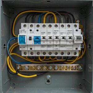 Close-up of consumer unit showing common faults and outdated components