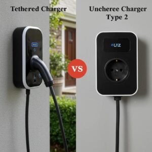 Comparison of tethered and untethered EV chargers in a residential setting, illustrating charging options