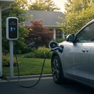Electric vehicle charging at home, highlighting the growing EV infrastructure in a suburban setting