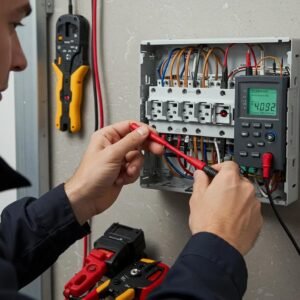 Electrician conducting an EICR inspection on a consumer unit