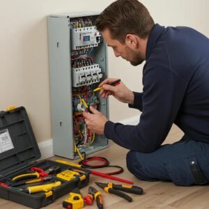 Electrician inspecting a consumer unit, highlighting the importance of EICR in ensuring electrical safety