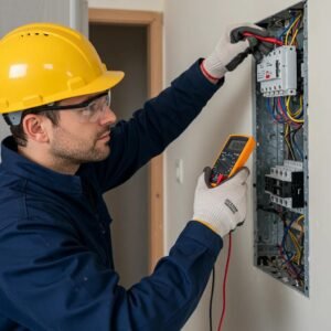 Electrician inspecting electrical installation with multimeter in a residential setting