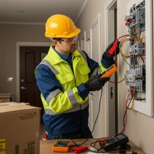 Electrician inspecting electrical installations with multimeter in a residential setting