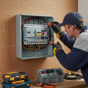 Electrician installing a new consumer unit in a residential setting, emphasizing modern electrical safety and professionalism