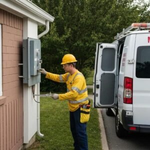 Emergency electrician inspecting circuit box outside a home