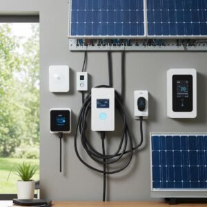 Modern electrical installation with smart home devices and EV chargers in a sustainable home setting
