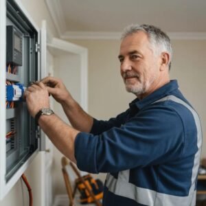 Professional electrician installing electrical panel in a residential home in Aberdeen