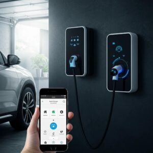 Smart EV charger with smartphone app interface in a modern garage, showcasing advanced charging features