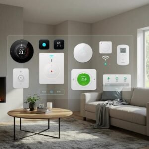 Smart home control panel with connected devices in a modern living room, illustrating the transformation of electrical installations