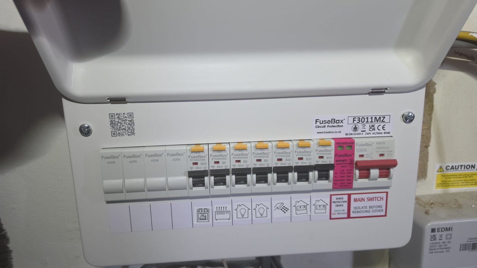 BS 7671 compliant FuseBox RCBO consumer unit installed in Aberdeen with wiring colour caution sticker visible