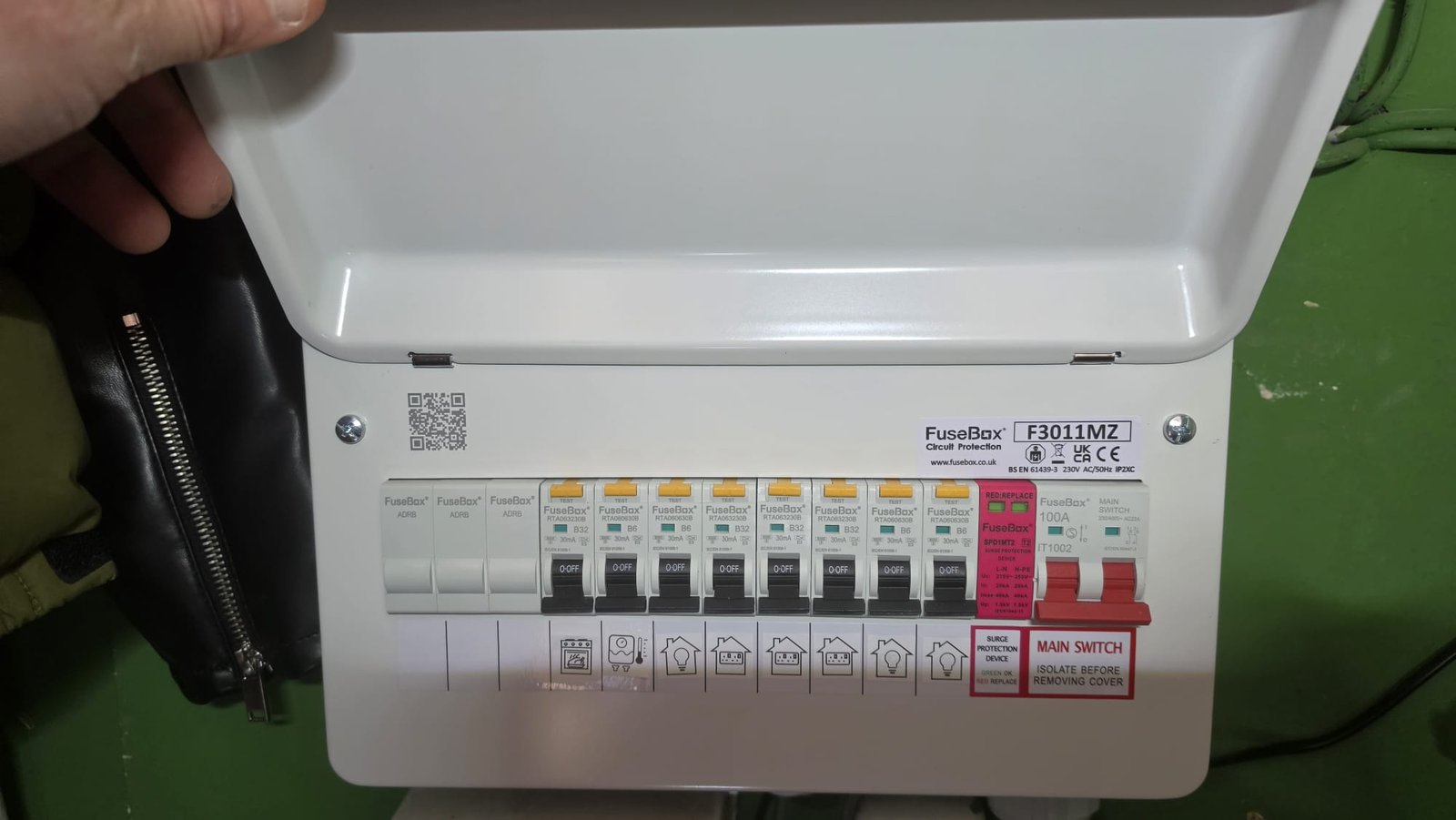 FuseBox F3011MZ consumer unit in Aberdeen with all RCBOs in the OFF position, ready for safe commissioning