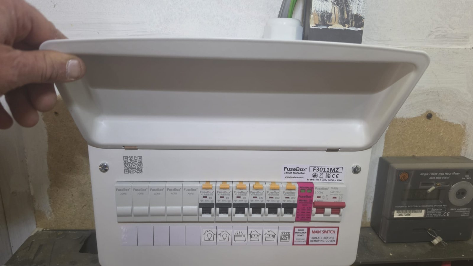 Consumer unit install in Aberdeen showing the new FuseBox board sitting alongside the watt-hour meter