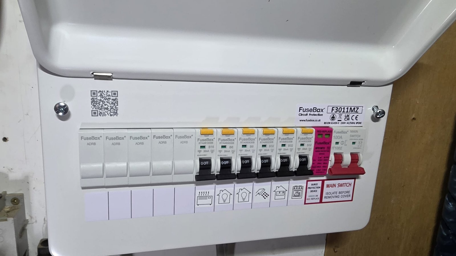 FuseBox RCBO consumer unit fitted in Ellon, all circuits in the OFF position ready for pre-commission testing