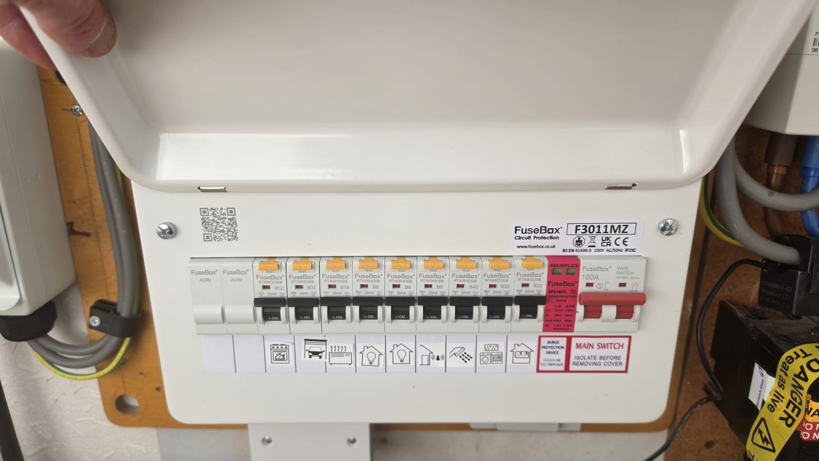 EV-ready consumer unit upgrade in Aberdeen. FuseBox F3011MZ with a dedicated EV charger circuit labelled