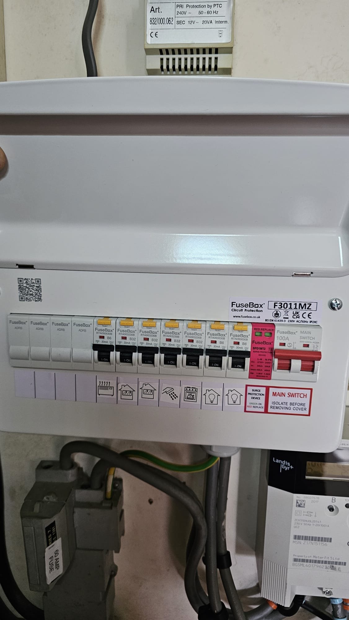 Aberdeen consumer unit installation showing the new FuseBox board next to the existing service head and 60A cutout fuse